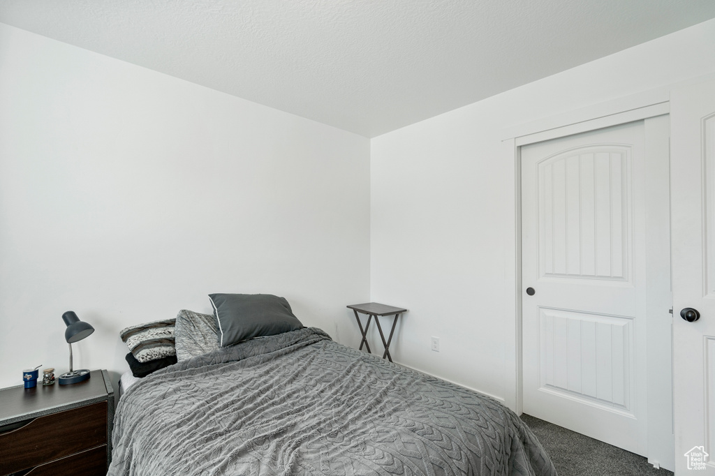 Carpeted bedroom with a closet