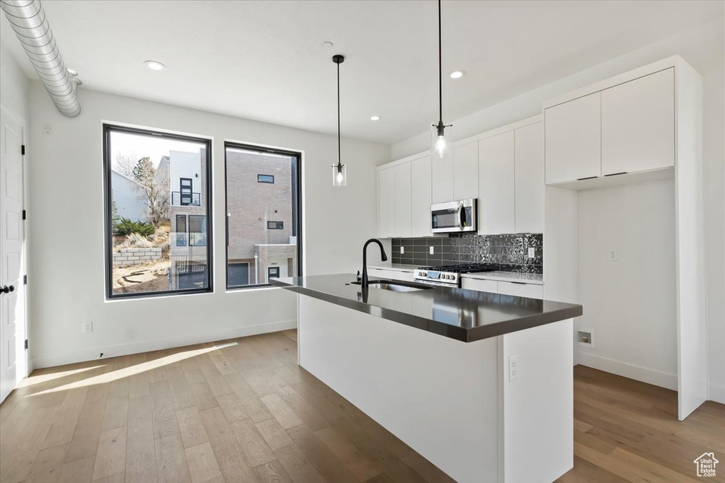 Kitchen with dark countertops, light wood-type flooring, recessed lighting, a sink, and appliances with stainless steel finishes