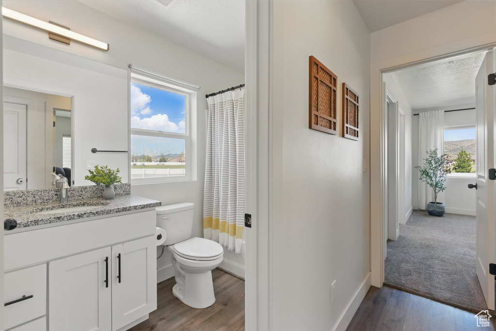 Full bathroom with toilet, a shower with curtain, wood finished floors, and vanity