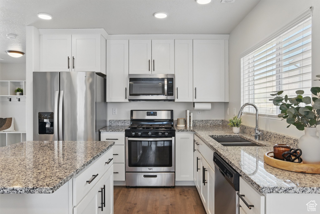 Kitchen with a sink, appliances with stainless steel finishes, white cabinets, and dark wood-style flooring
