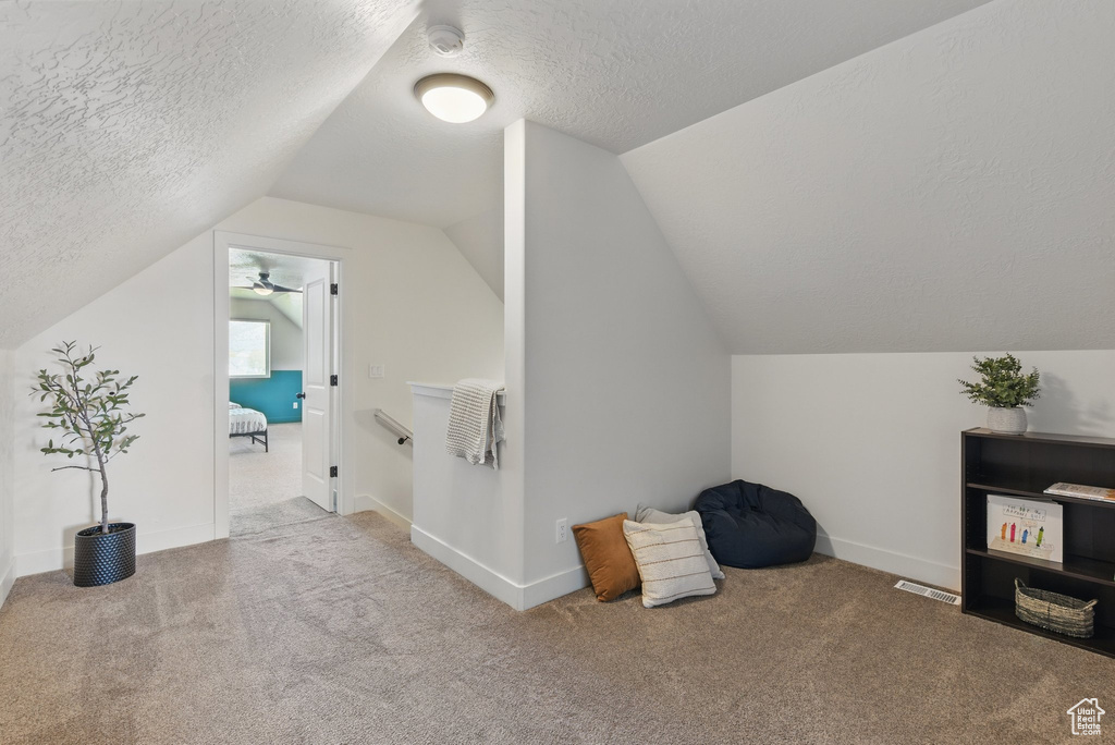 Bonus room with carpet floors, a textured ceiling, and lofted ceiling