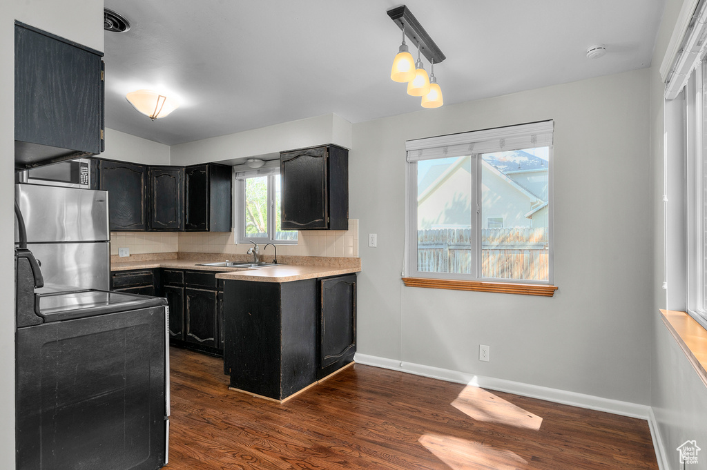 Kitchen featuring appliances with stainless steel finishes, a sink, dark cabinetry, dark wood finished floors, and decorative backsplash