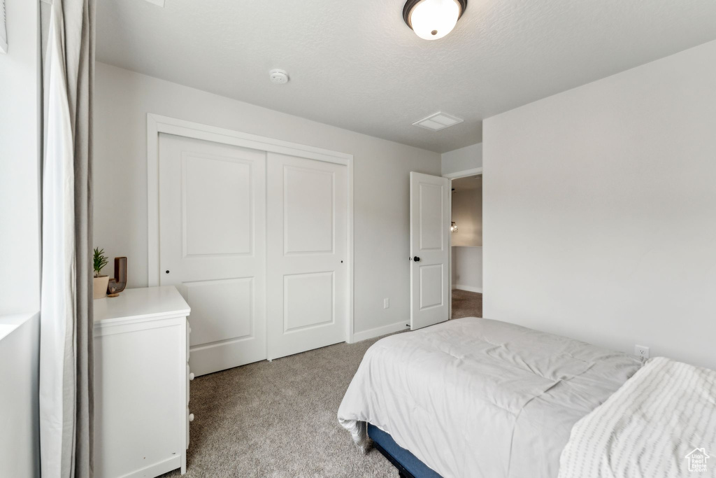 Carpeted bedroom featuring a closet