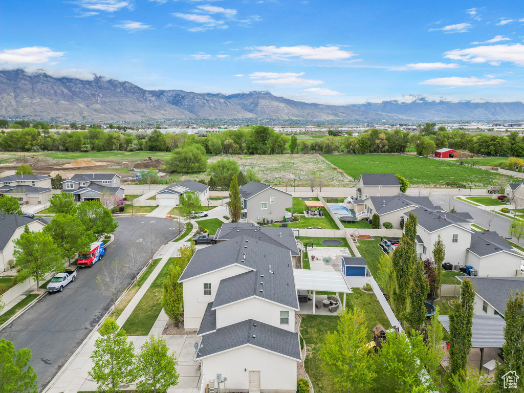 Birds eye view of property featuring a mountain view and a residential view