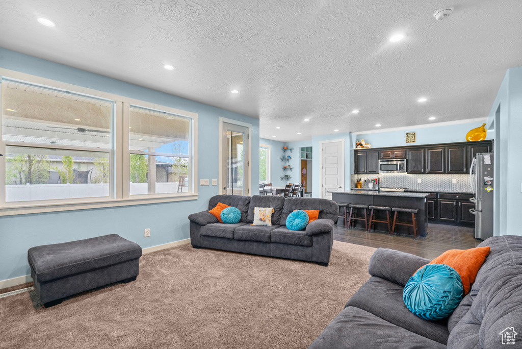Living room with baseboards, dark colored carpet, recessed lighting, and a textured ceiling