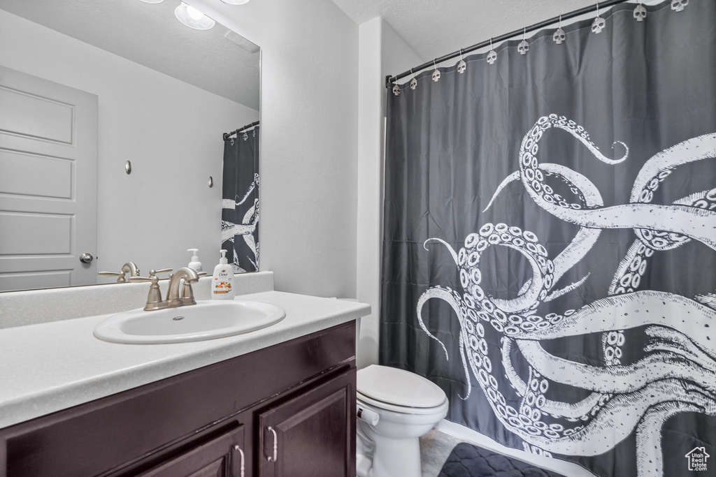 Bathroom with vanity, toilet, and a shower with curtain