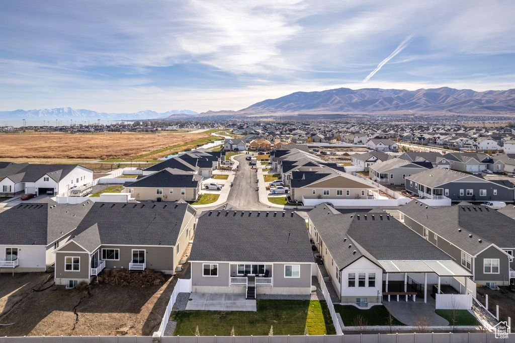 Drone / aerial view with a mountain view and a residential view
