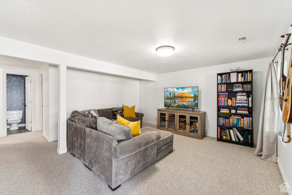 Carpeted living room featuring baseboards and visible vents