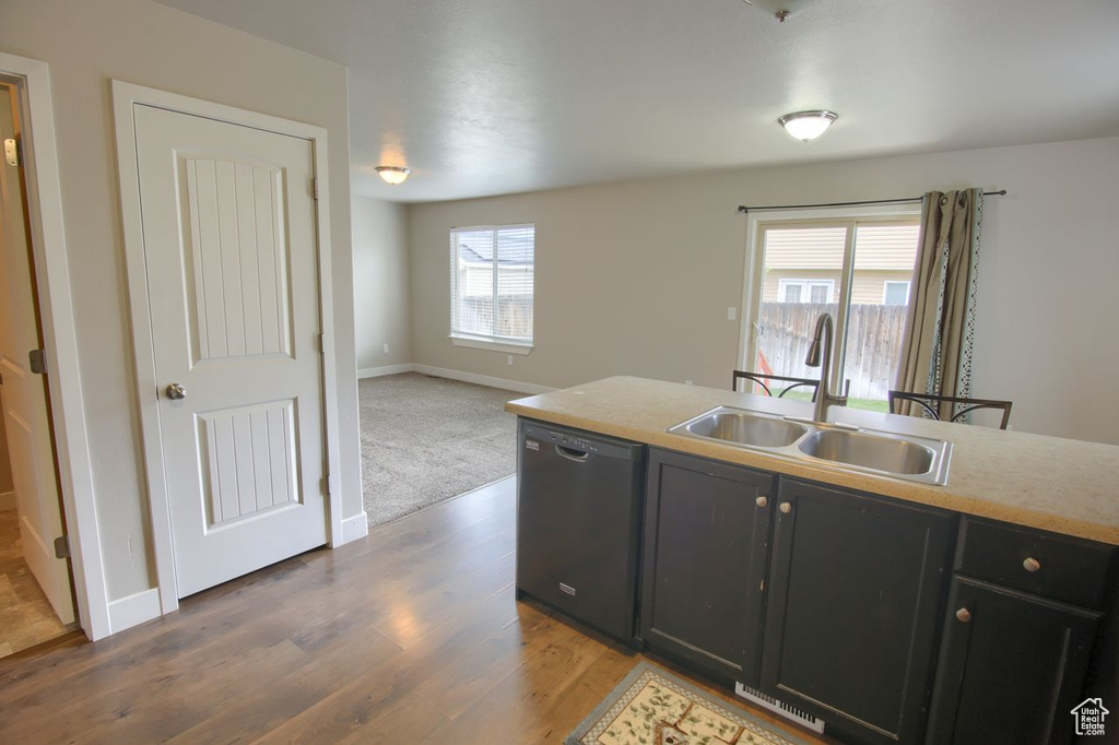 Kitchen with wood finished floors, dishwasher, a sink, baseboards, and dark cabinets