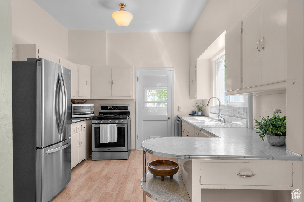 Kitchen featuring light countertops, light wood-type flooring, stainless steel appliances, and a peninsula