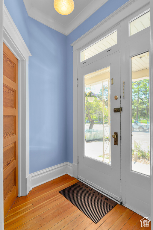 Entryway with wood-type flooring, baseboards, visible vents, and plenty of natural light