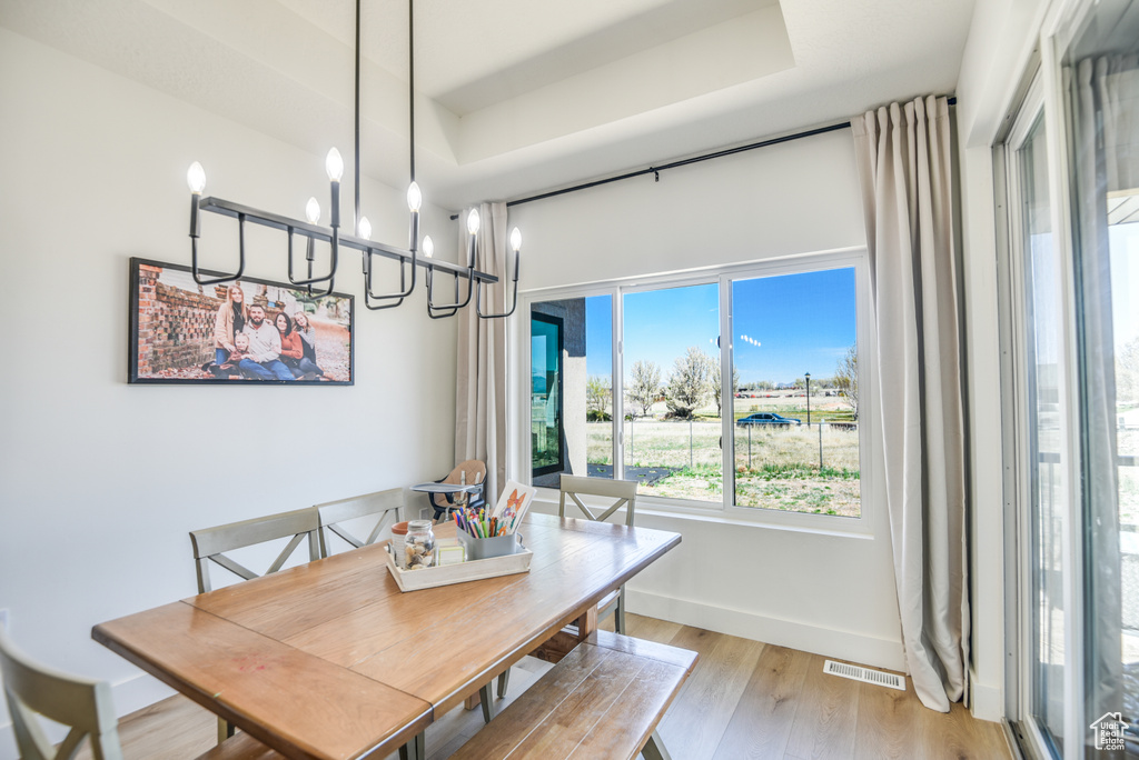 Dining room with baseboards, visible vents, light wood-style flooring, and a raised ceiling
