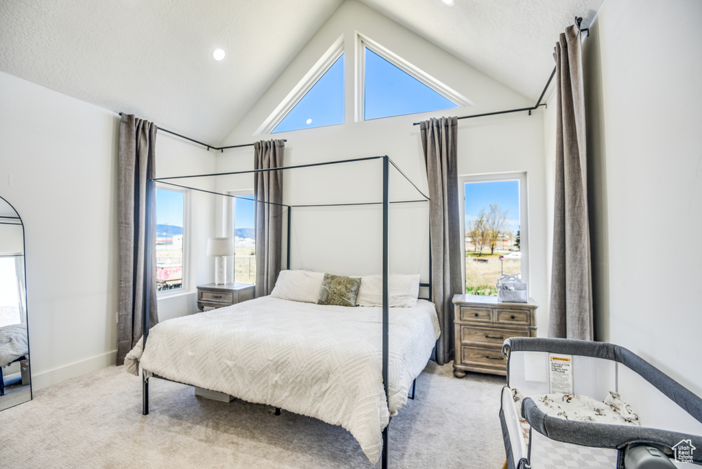 Carpeted bedroom with baseboards, recessed lighting, and high vaulted ceiling
