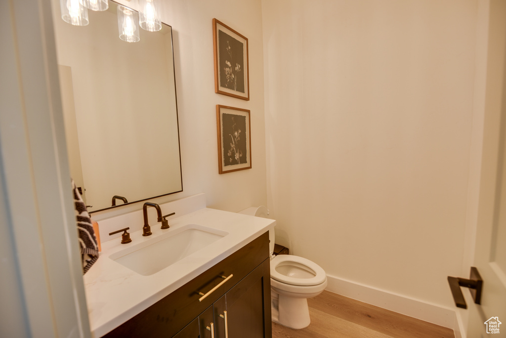 Bathroom featuring vanity, baseboards, wood finished floors, and toilet