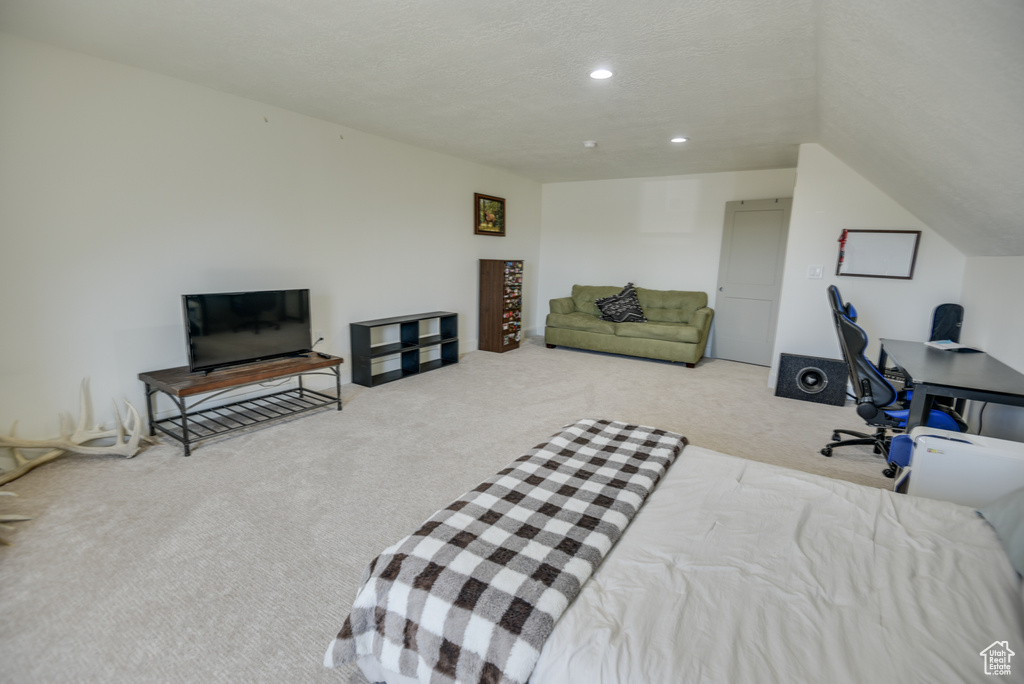 Carpeted bedroom with recessed lighting