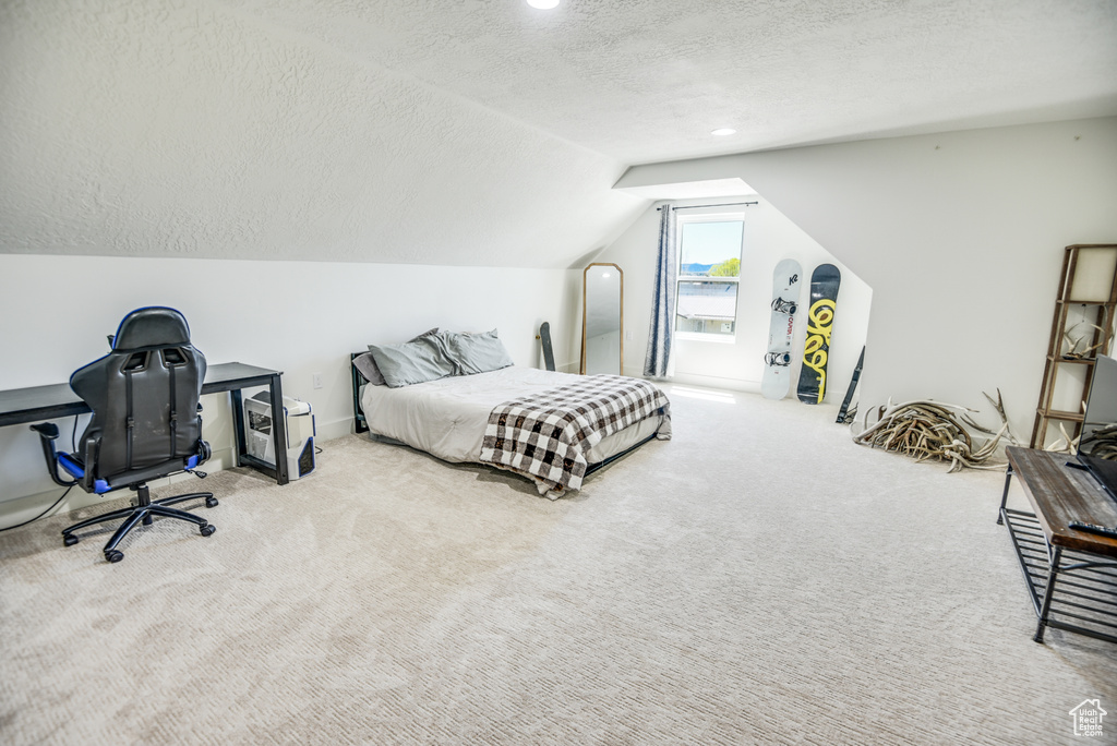 Carpeted bedroom with a textured ceiling and lofted ceiling
