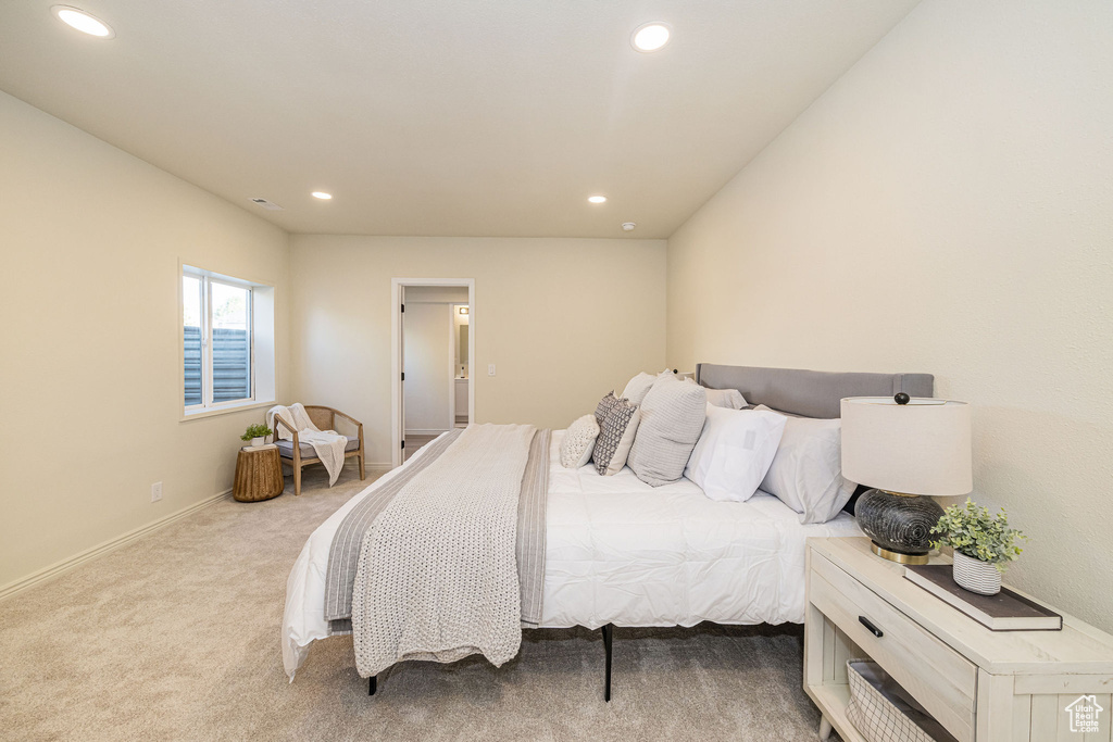 Bedroom with carpet flooring and recessed lighting