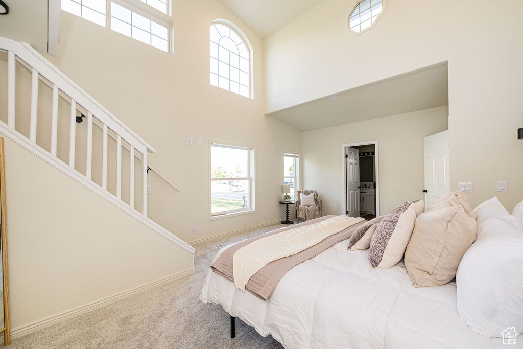 Carpeted bedroom with high vaulted ceiling and baseboards