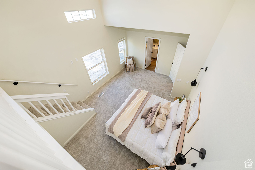Carpeted bedroom with a skylight and a towering ceiling