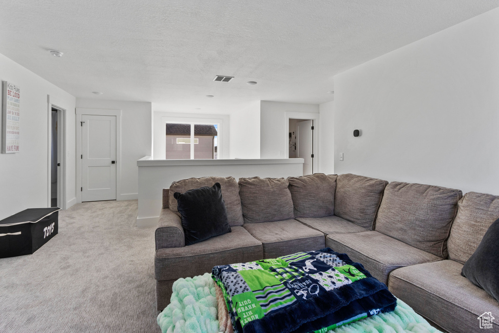 Carpeted living area with visible vents and baseboards