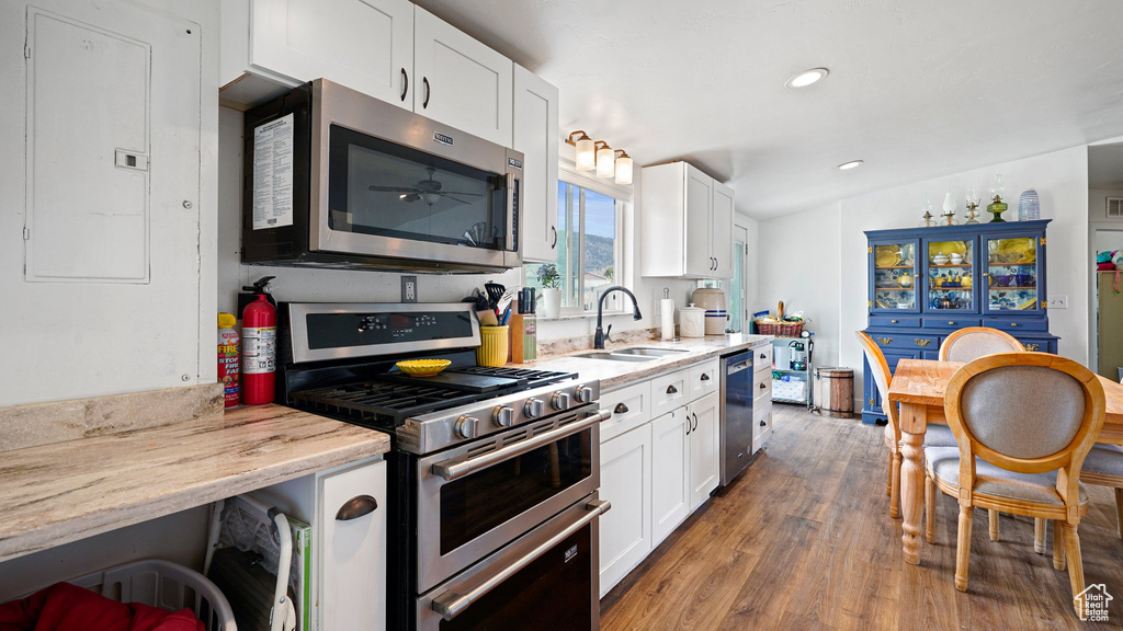 Kitchen with wood finished floors, white cabinetry, stainless steel appliances, and a sink
