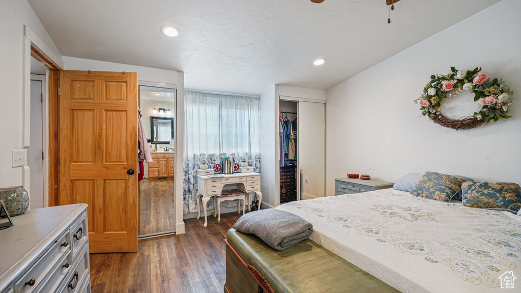 Bedroom featuring a ceiling fan, recessed lighting, dark wood-style floors, and a closet