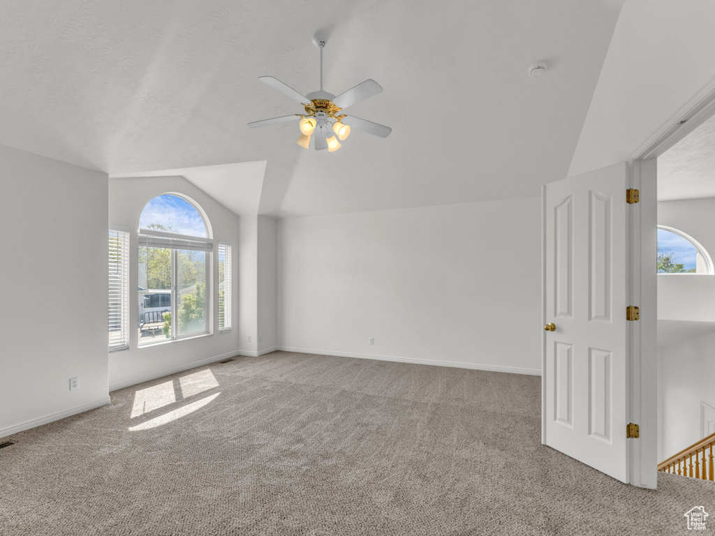 Carpeted spare room featuring baseboards, ceiling fan, lofted ceiling, and a wealth of natural light