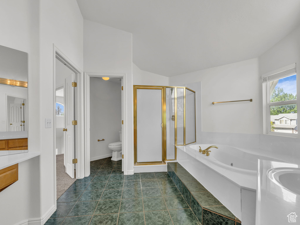 Bathroom with vanity, toilet, a whirlpool tub, baseboards, and a shower stall