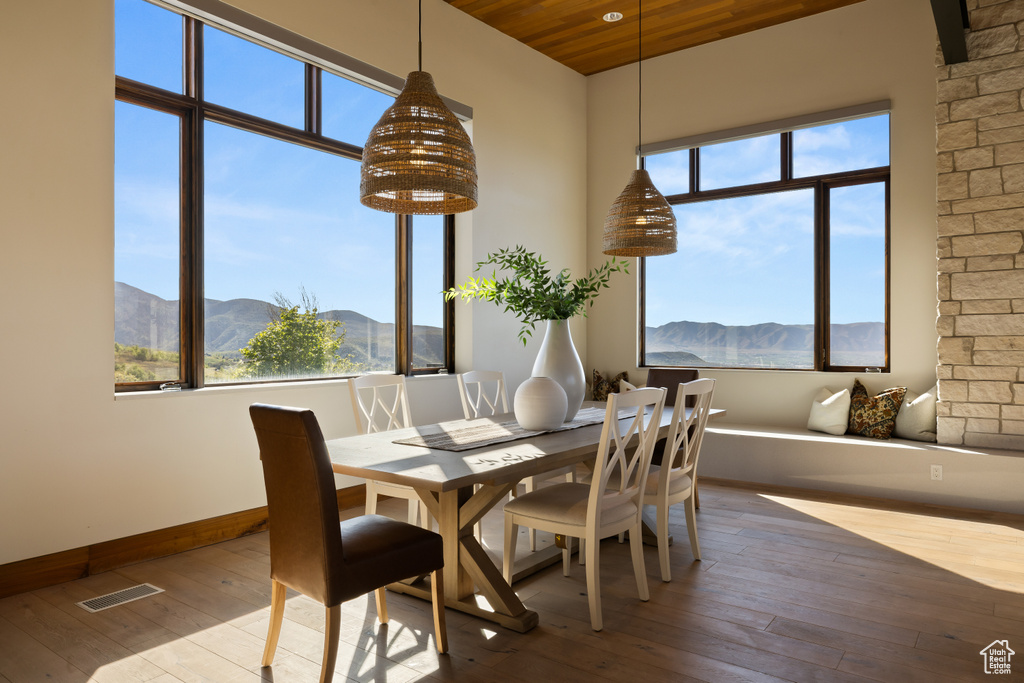 Dining space with a mountain view, hardwood / wood-style flooring, baseboards, and wooden ceiling