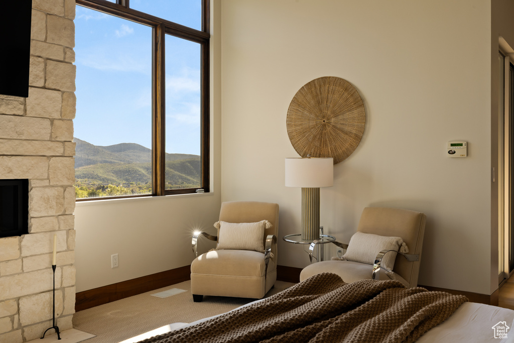 Bedroom with a stone fireplace, baseboards, and a mountain view