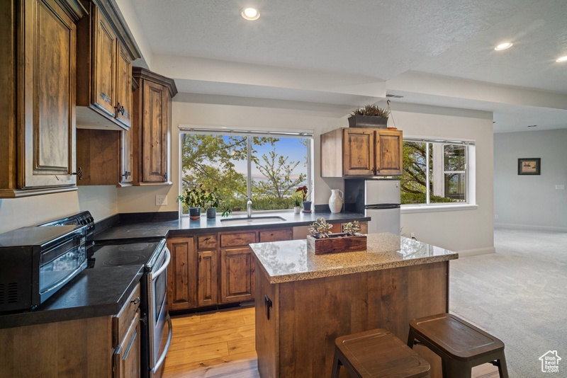 Kitchen with a kitchen island, appliances with stainless steel finishes, a healthy amount of sunlight, and a sink