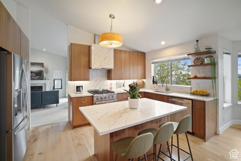 Kitchen with brown cabinets, stainless steel appliances, a sink, and modern cabinets