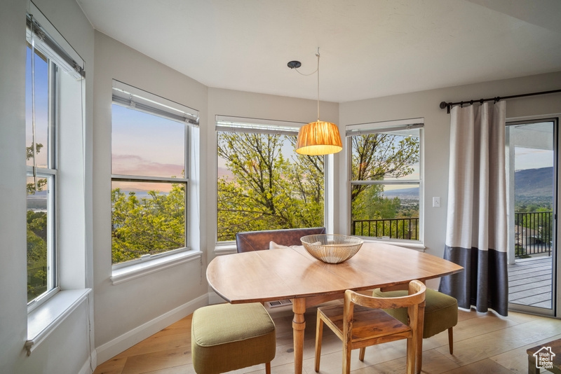 Dining area with light wood-style floors, baseboards, and a wealth of natural light