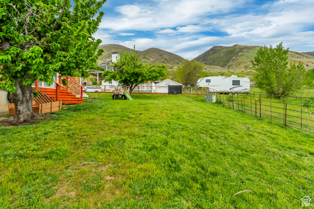 View of yard with a fenced backyard and a mountain view