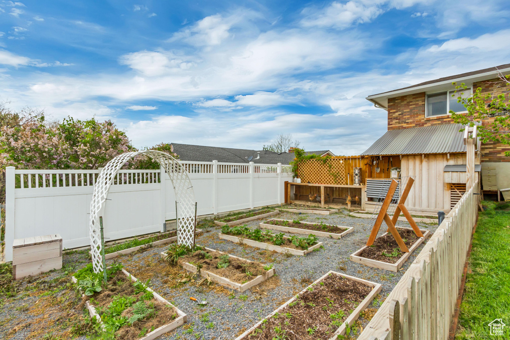 View of yard with a fenced backyard and a vegetable garden