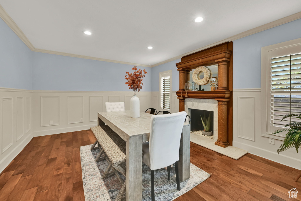 Dining area with crown molding, a decorative wall, a premium fireplace, a wainscoted wall, and wood finished floors
