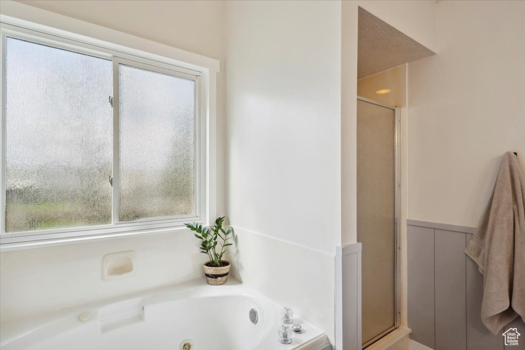Bathroom with a whirlpool tub, a stall shower, and a wealth of natural light