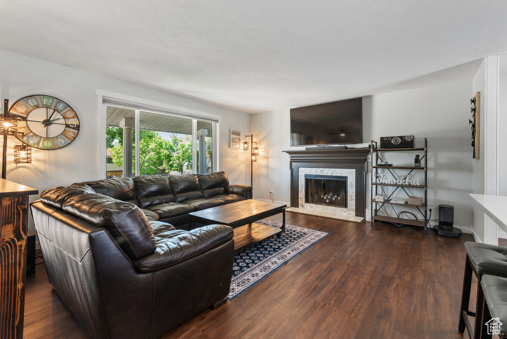 Living room featuring a high end fireplace and wood finished floors