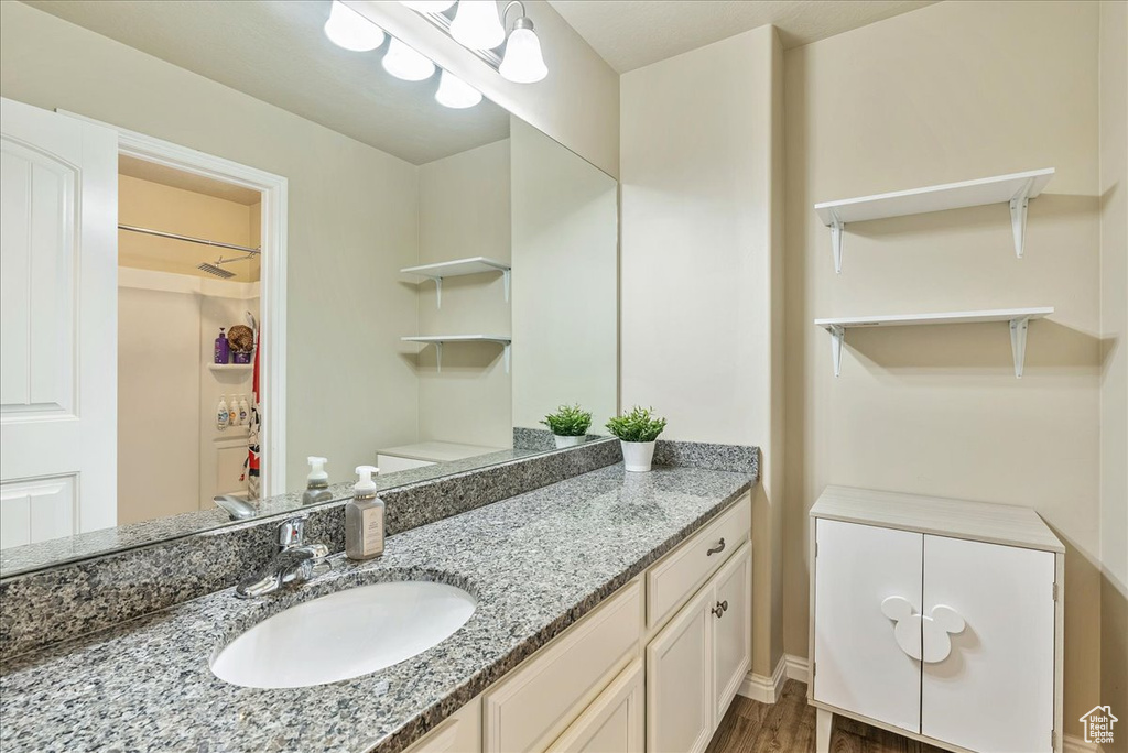 Bathroom featuring baseboards, wood finished floors, and vanity