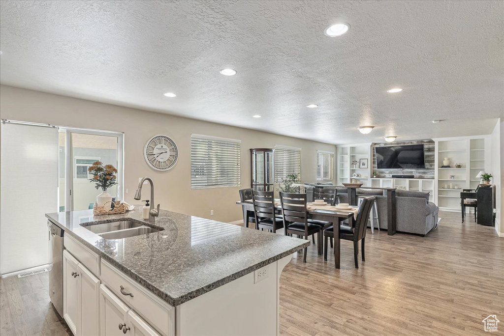 Kitchen featuring a sink, light wood-type flooring, a textured ceiling, and dishwasher
