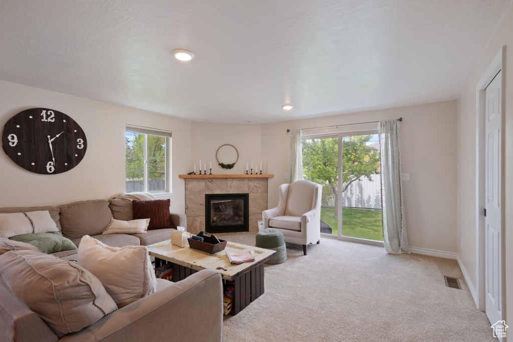 Living area with baseboards, a fireplace, light colored carpet, and visible vents