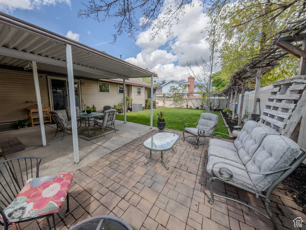 View of patio featuring a fenced backyard, central AC, an outdoor hangout area, and outdoor dining space