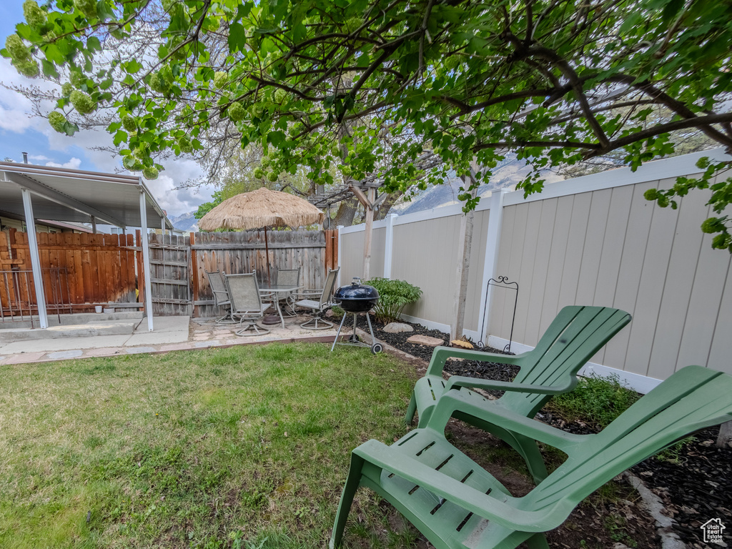 View of yard with a patio and a fenced backyard