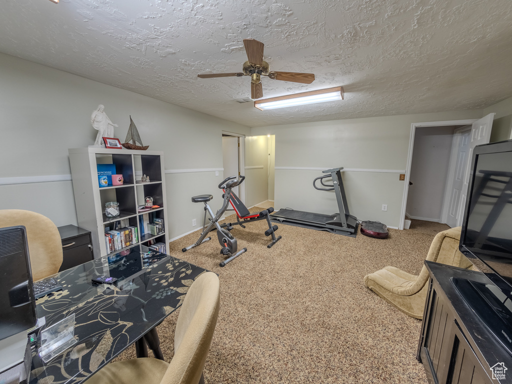 Workout room featuring carpet floors, a textured ceiling, ceiling fan, and baseboards