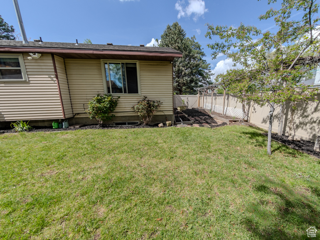Exterior space featuring a fenced backyard and a lawn