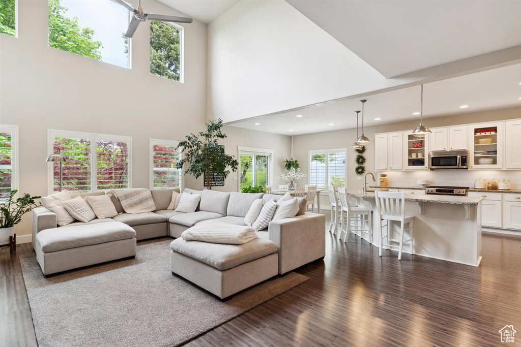 Living room featuring recessed lighting, a high ceiling, and dark wood-type flooring