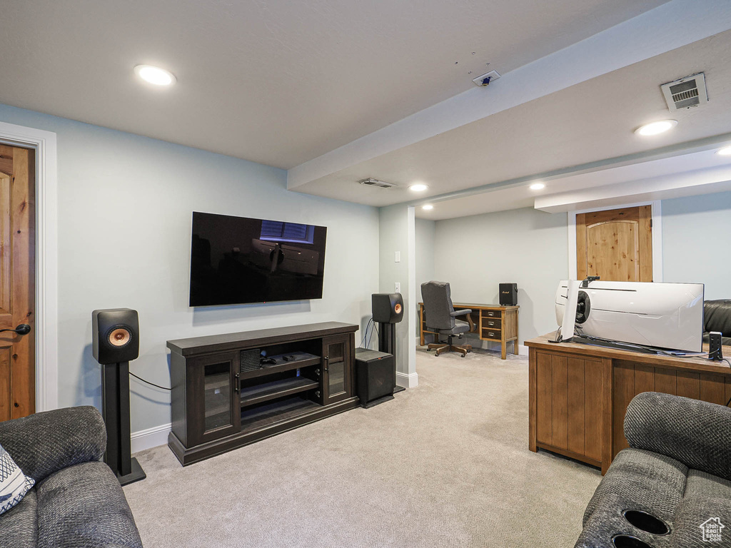 Office featuring light colored carpet, recessed lighting, and visible vents