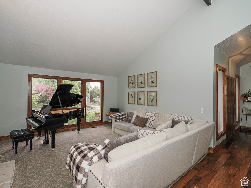 Living area featuring baseboards, high vaulted ceiling, and dark wood-type flooring
