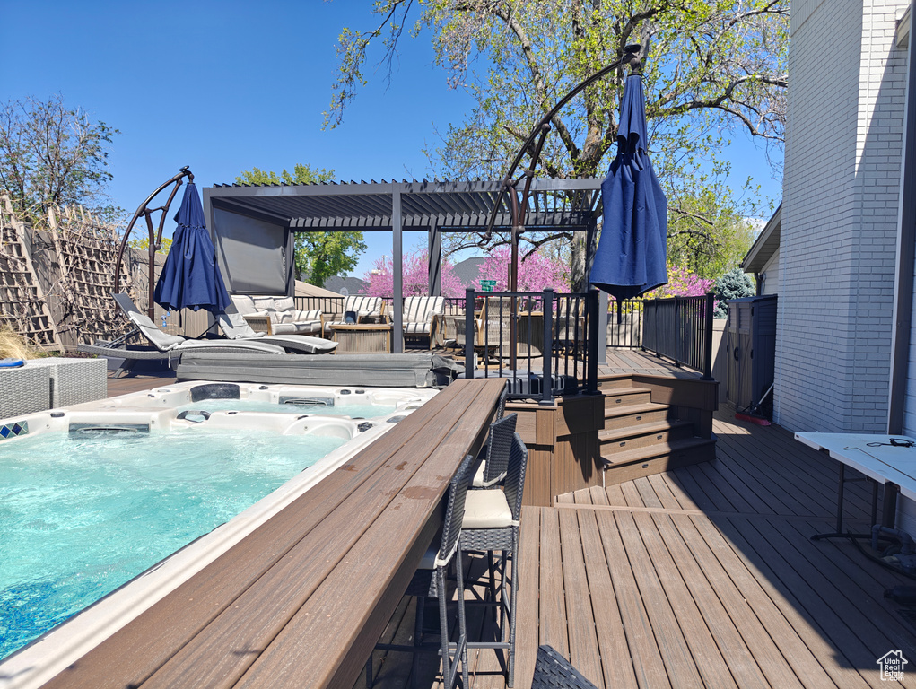 Wooden terrace with hot tub deck surround