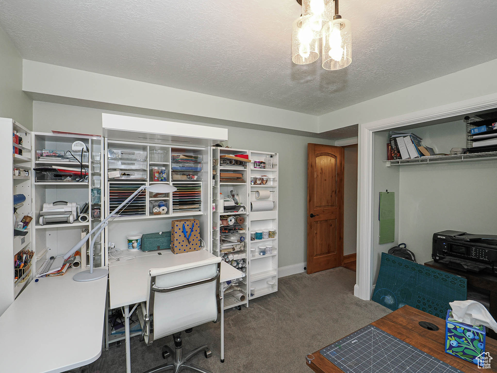Carpeted office featuring a textured ceiling